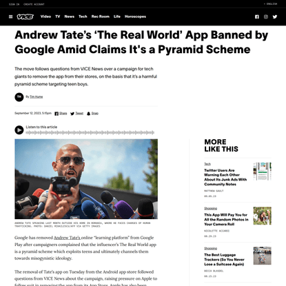 Andrew Tate’s ‘The Real World’ App Banned by Google Amid Claims It’s a Pyramid Scheme