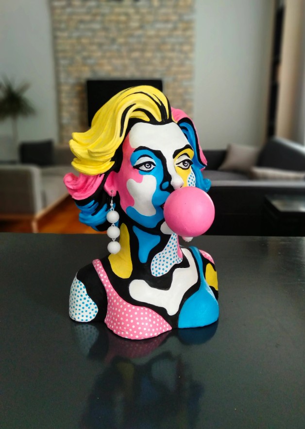 Pop Art Woman Bust With Gum Handmade Statue Painted Colorful