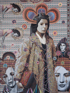 Asad Faulwell, "Les Femmes d'Alger, #I," 2017. Acrylic, pins and photo collage on canvas, 72 inches by 54 inches.