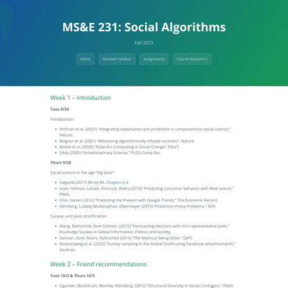 MS&amp;E 231 Syllabus | MS&amp;E 231: Social Algorithms