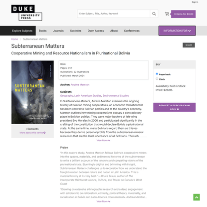 Subterranean Matters: Cooperative Mining and Resource Nationalism in Plurinational Bolivia, by Andrea Marston (2024) - Duke University Press