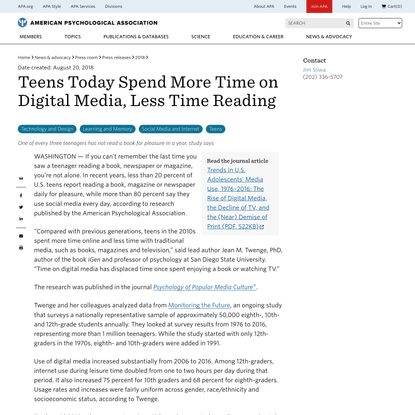 Teens today spend more time on digital media, less time reading