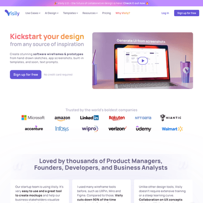 Visily: AI-Powered Wireframing & Design</title><meta name="description" content="Visily is a wireframe tool that swiftly transforms screenshots, templates, or text prompts into editable wireframes and prototypes, powered by AI." /><link rel="canonical" href="https://www.visily.ai/" /><meta property="og:locale" content="en_US" /><meta property="og:type" content="website" /><meta property="og:title" content="Visily: AI-Powered Wireframing & Design" /><meta property="og:description" content="Visily is a wireframe tool that swiftly transforms screenshots, templates, or text prompts into editable wireframes and prototypes, powered by AI." /><meta property="og:url" content="https://www.visily.ai/" /><meta property="og:site_name" content="Visily" /><meta property="article:modified_time" content="2023-10-10T07:14:59+00:00" /><meta property="og:image" content="https://www.visily.ai/wp-content/uploads/2022/11/Visily-Water-Mark-Framed-Logo@4x.png" /><meta property="og:image:width" content="401" /><meta property="og:image:height" content="401" /><meta property="og:image:type" content="image/png" /><meta name="twitter:card" content="summary_large_image" /><title>Visily: AI-Powered Wireframing & Design