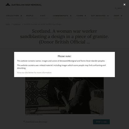 Scotland. A woman war worker sandblasting a design in a piece of granite. (Donor British Official ...