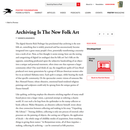 Archiving Is The New Folk Art by Kenneth Goldsmith | Poetry Foundation