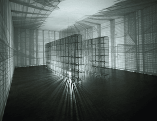 Mona Hatoum, “Light Sentence” (1992), galvanised wire mesh lockers, electric motor and light bulb, Centre Pompidou, Musée National d’Art Moderne, Paris: Mnam-CCI / Dist RMN-GP (photo by Philippe Migeat, © Mona Hatoum)