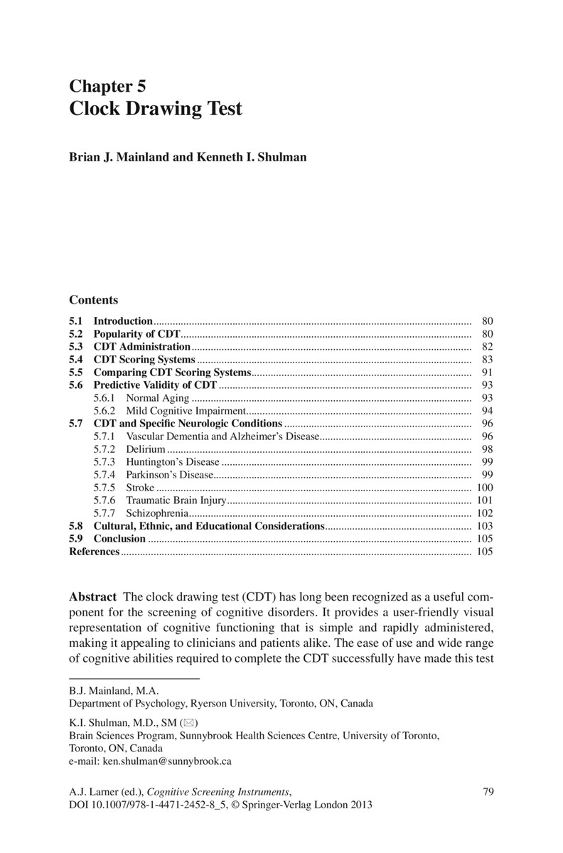 Clock Drawing Test Brian J. Mainland and I. Shulman — Are.na
