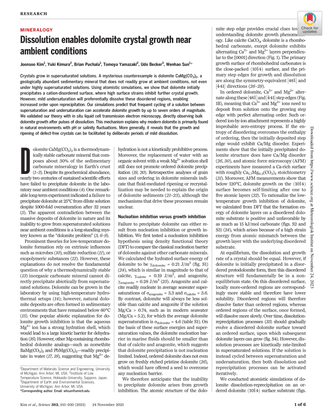 Dissolution enables dolomite crystal growth near ambient conditions
