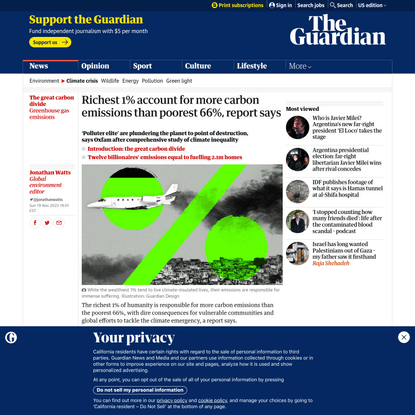 Richest 1% account for more carbon emissions than poorest 66%, report says