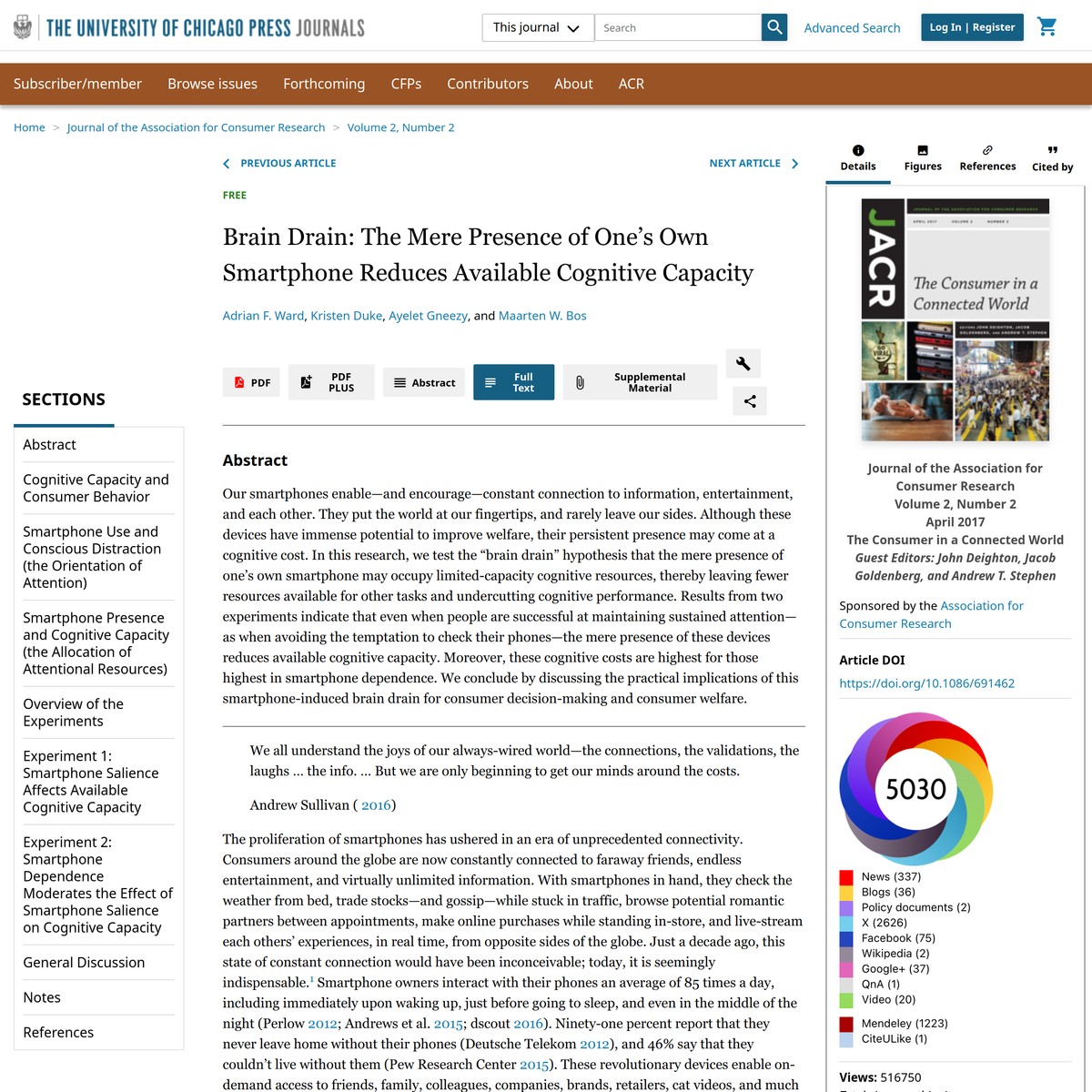 Brain Drain The Mere Presence of One’s Own Smartphone Reduces