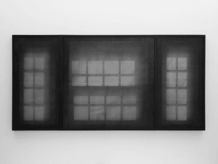 Jessica Tang, scrim (i), 2023. oxidized aluminum plate, expanded pvc, oak, sumi ink. 40.5” x 81.5” x 2.25”