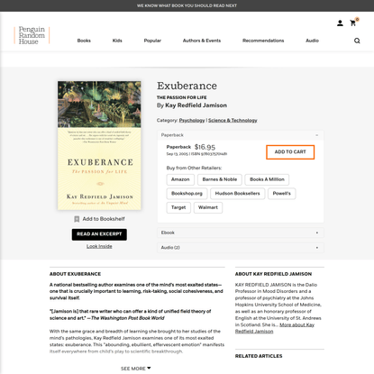 Exuberance by Kay Redfield Jamison: 9780375701481 | PenguinRandomHouse.com: Books