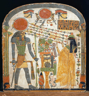 The falcon-headed sun-god Horakhty directs his flower sun rays at the worshipping Taperet.