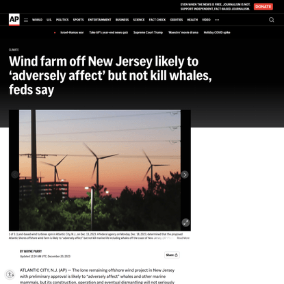Wind farm off New Jersey likely to ‘adversely affect’ but not kill whales, feds say | AP News