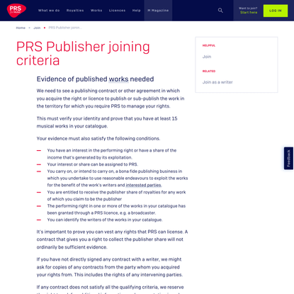 PRS Publisher joining criteria | PRS for Music