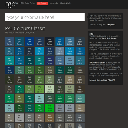 RAL Colours to Pantone, CMYK, RGB, Hex, HSL, HSV, HSB, JSON.