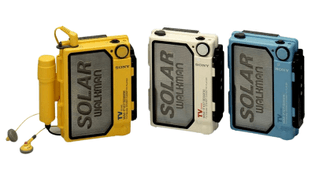 promo photo of three ruggedized Walkman radio/cassette players in yellow, white, and blue
