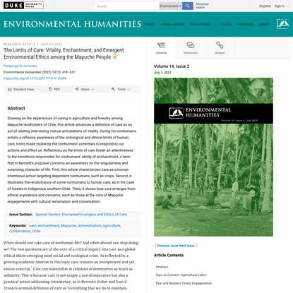 The Limits of Care: Vitality, Enchantment, and Emergent Environmental Ethics among the Mapuche People, by Piergiorgio Di Giminiani (2022) | Environmental Humanities | Duke University Press