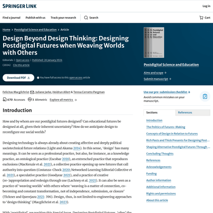 Design Beyond Design Thinking: Designing Postdigital Futures when Weaving Worlds with Others - Postdigital Science and Educa...