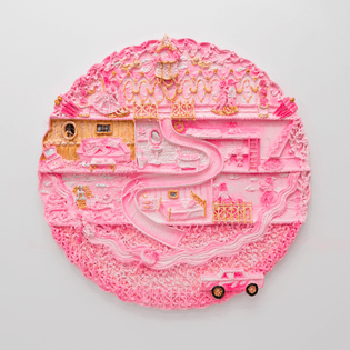 Yvette Mayorga, Surveillance Locket 2, 2021, acrylic piping and collage on panel, 36” diameter.