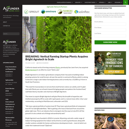BREAKING: Vertical Farming Startup Plenty Acquires Bright Agrotech to Scale - AgFunderNews