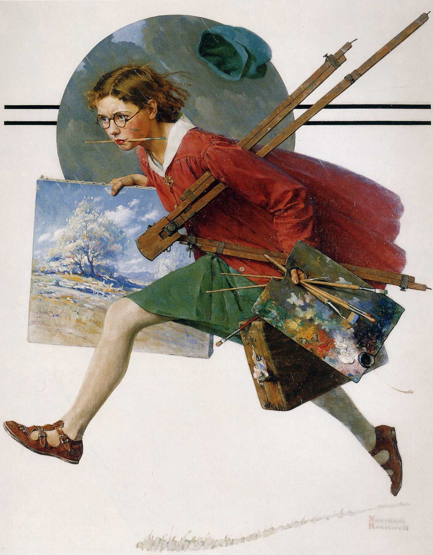 Girl Running with Wet Canvas, by Norman Rockwell