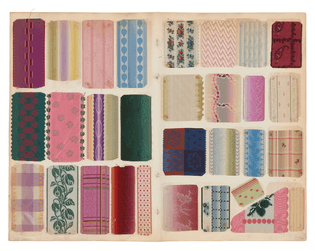 Sheet of sample pages from 'Collection of Ladies Ribbons' swatch book