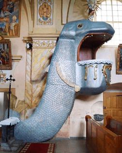 Sea Serpent Baroque Pulpit from a parish church in Dobroszów, a village in in south-western Poland. It’s from around 1750 and was rebuilt in 1856