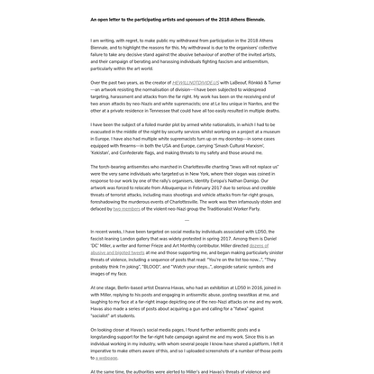 Athens Biennale Withdrawal, Antisemitism &amp; Fascism: An Open Letter From Luke Turner