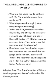 the audre lorde questionnaire to oneself, intended as a creative writing exercise by Divya Victor, who asks to be credited