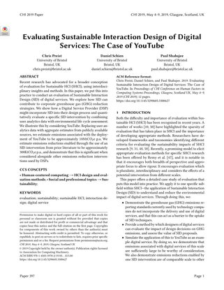 Evaluating Sustainable Interaction Design of Digital Services: The Case of YouTube, Chris Preist, Daniel Schein, and Paul Shabajee