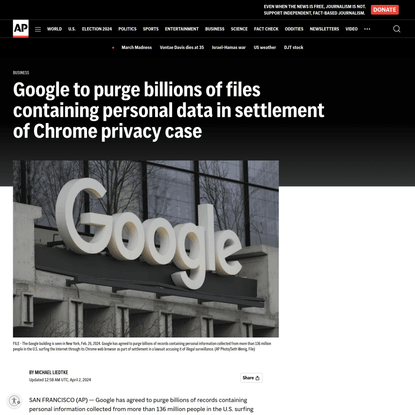 Google to purge billions of files containing personal data in settlement of Chrome privacy case | AP News