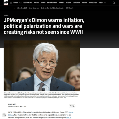 Risks not seen since WWII: JPMorgan's Dimon warns about inflation, political polarization and wars | AP News