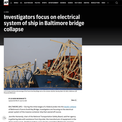 Investigators focus on electrical system of ship in Baltimore bridge collapse | AP News