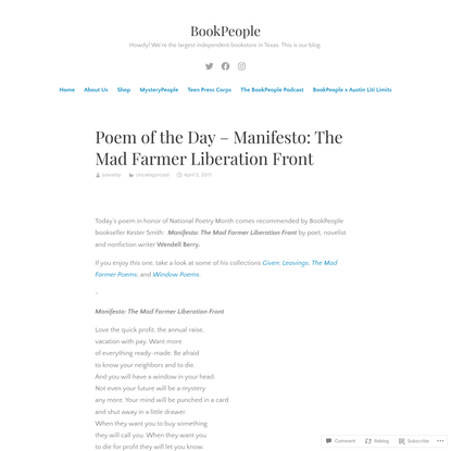 Poem of the Day – Manifesto: The Mad Farmer Liberation Front