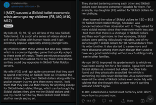 I (M37) caused a Skibidi toilet economic crisis amongst my children (F8, M0, M10, M12)
