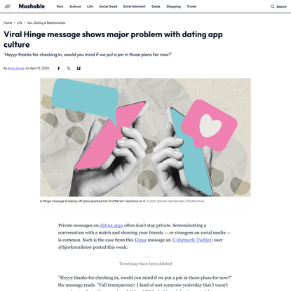 Viral Hinge message shows major problem with dating app culture | Mashable