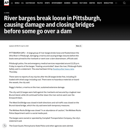 River barges break loose in Pittsburgh, causing damage and closing bridges before some go over a dam | AP News