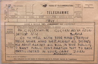 Asger Jorn, Telegram to Guggenheim Foundation, 1964