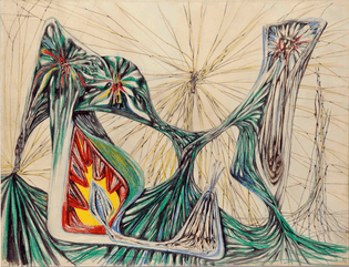 Roberto Matta (Chilean, 1911-2002), 'Scenario n° 1; Panic Suction of the Sun', 1937, colored pencils, grease pencil and graphite on paper 49.5 x 64.5 cm.
