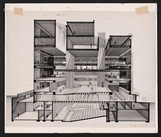 A photo of a perspective drawing for Paul Rudolph’s Art and Architecture Building at Yale University.