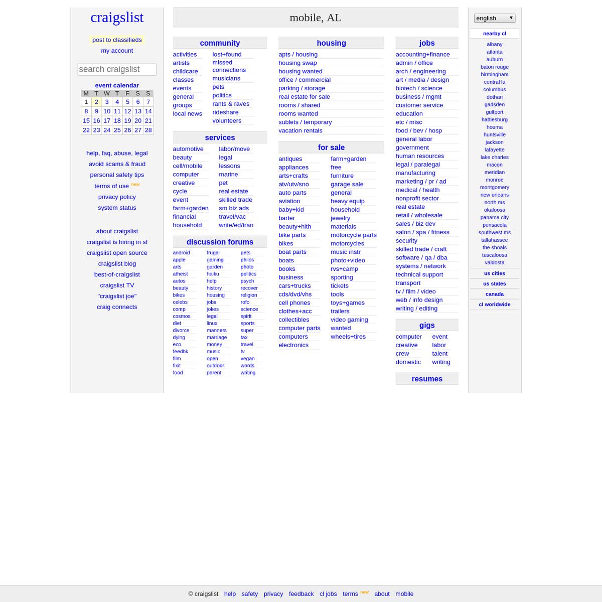 craigslist: mobile, AL jobs, apartments, for sale, services, community, and  events | Are.na