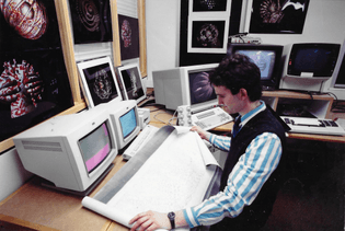 William Latham working in the main Graphics and Visualisation Lab at The IBM UK Scientific Centre, Winchester