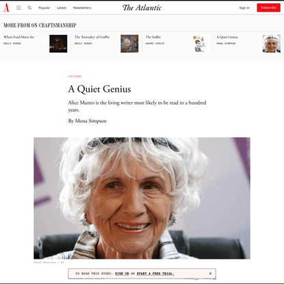 A Quiet Genius - The Atlantic</title><meta name="description" content="Alice Munro is the living writer most likely to be read in a hundred years."/><meta property="krux:title" content="A Quiet Genius - The Atlantic"/><meta property="krux:description" content="Alice Munro is the living writer most likely to be read in a hundred years."/><link rel="canonical" href="https://www.theatlantic.com/magazine/archive/2001/12/a-quiet-genius/302366/"/><link rel="image_src" href="https://cdn.theatlantic.com/thumbor/xraNRbTWWHaJRrb9auGH2I66d88=/0x334:2300x1532/1200x625/media/img/2018/07/AP_964177109954/original.jpg"/><meta name="author" content="Mona Simpson"/><link rel="ia:markup_url" href="https://www.theatlantic.com/facebook-instant/article/302366/"/><meta property="article:publisher" content="https://www.facebook.com/TheAtlantic/"/><meta property="article:opinion" content="false"/><meta property="article:content_tier" content="metered"/><meta property="article:tag" content="books"/><meta property="article:section" content="Culture"/><meta property="article:published_time" content="2001-12-01T17:00:00Z"/><meta property="article:modified_time" content="2024-05-14T17:49:36Z"/><meta name="robots" content="index, follow, max-image-preview:large"/><meta property="og:title" content="A Quiet Genius"/><meta property="og:description" content="Alice Munro is the living writer most likely to be read in a hundred years."/><meta property="og:url" content="https://www.theatlantic.com/magazine/archive/2001/12/a-quiet-genius/302366/"/><meta property="og:type" content="article"/><meta property="og:image" content="https://cdn.theatlantic.com/thumbor/xraNRbTWWHaJRrb9auGH2I66d88=/0x334:2300x1532/1200x625/media/img/2018/07/AP_964177109954/original.jpg"/><meta property="twitter:card" content="summary_large_image"/><meta name="FacebookShareMessage" content=""/><meta name="TwitterShareMessage" content=""/><link rel="alternate" type="application/rss+xml" title="The Atlantic" href="/feed/all/"/><link rel="alternate" type="application/rss+xml" title="Best of The Atlantic" href="/feed/best-of/"/><meta name="referrer" content="unsafe-url"/><meta name="apple-mobile-web-app-capable" content="yes"/><meta name="apple-mobile-web-status-bar-style" content="black"/><meta name="apple-mobile-web-app-title" content="The Atlantic"/><meta name="keywords" content="Alice Munro, stories, Paris Review, Beggar Maid, New York Editions, life, New York City, women, woman, short stories, country girls, writers, young woman, credible love stories, young married woman, living fiction writers, exquisite short stories, story, love affairs, roughly contemporary writers, Miss Marsalles, vastly different women, high school girl, tragedy—in ordinary life, Henry James, love story, Paris Review interview, astonishing title story, major Canadian literary, time, heavy immigrant girl, living writers, work, rougher male world, National Book Award, scorching Canadian summer, recent collections, North American history, credible female character, wonderful new levels, late Illinoisan William, immense lyric gift, small town, great unemotional happiness, National Book Critics, American writers, William Maxwell, dozen stories, hers—midwestern rural Canada—does" itemID="#keywords"/><meta name="news_keywords" content="Alice Munro, stories, Paris Review, Beggar Maid, New York Editions, life, New York City, women, woman, short stories, country girls, writers, young woman, credible love stories, young married woman, living fiction writers, exquisite short stories, story, love affairs, roughly contemporary writers, Miss Marsalles, vastly different women, high school girl, tragedy—in ordinary life, Henry James, love story, Paris Review interview, astonishing title story, major Canadian literary, time, heavy immigrant girl, living writers, work, rougher male world, National Book Award, scorching Canadian summer, recent collections, North American history, credible female character, wonderful new levels, late Illinoisan William, immense lyric gift, small town, great unemotional happiness, National Book Critics, American writers, William Maxwell, dozen stories, hers—midwestern rural Canada—does"/><meta name="sailthru.title" content="A Quiet Genius"/><meta name="sailthru.description" content="Alice Munro is the living writer most likely to be read in a hundred years."/><meta name="sailthru.tags" content="on-craftsmanship,culture,books,book-review,author-mona-simpson"/><meta name="sailthru.date" content="2001-12-01T17:00:00Z"/><link rel="preload" as="font" type="font/woff2" href="https://www.theatlantic.com/packages/fonts/garamond/AGaramondPro-Regular.woff2" crossorigin=""/><link rel="preload" as="font" type="font/woff2" href="https://www.theatlantic.com/packages/fonts/graphik/Graphik-Regular-Web.woff2" crossorigin=""/><link rel="preload" as="font" type="font/woff2" href="https://www.theatlantic.com/packages/fonts/graphik/Graphik-Semibold-Web.woff2" crossorigin=""/><link rel="preload" as="font" type="font/woff2" href="https://www.theatlantic.com/packages/fonts/logic/LogicMonospace-Medium.woff2" crossorigin=""/><link rel="preload" as="font" type="font/woff2" href="https://www.theatlantic.com/packages/fonts/logic/LogicMonospace-Regular.woff2" crossorigin=""/><script type="application/ld+json">{"@context":"https://schema.org","@type":"NewsArticle","headline":"A Quiet Genius","alternativeHeadline":"A Quiet Genius","description":"Alice Munro is the living writer most likely to be read in a hundred years.","url":"https://www.theatlantic.com/magazine/archive/2001/12/a-quiet-genius/302366/","datePublished":"2001-12-01T17:00:00Z","dateModified":"2024-05-14T17:49:36Z","isAccessibleForFree":false,"hasPart":{"@type":"WebPageElement","isAccessibleForFree":false,"cssSelector":".article-content-body"},"publisher":{"@id":"https://www.theatlantic.com/#publisher"},"mainEntityOfPage":{"@type":"WebPage","@id":"https://www.theatlantic.com/magazine/archive/2001/12/a-quiet-genius/302366/"},"image":[{"@type":"ImageObject","width":{"@type":"QuantitativeValue","unitCode":"E37","value":720},"height":{"@type":"QuantitativeValue","unitCode":"E37","value":405},"url":"https://cdn.theatlantic.com/thumbor/n4Fdm-di-rgwf8-jfFREojknHI8=/1x241:2298x1533/720x405/media/img/2018/07/AP_964177109954/original.jpg"},{"@type":"ImageObject","width":{"@type":"QuantitativeValue","unitCode":"E37","value":1080},"height":{"@type":"QuantitativeValue","unitCode":"E37","value":1080},"url":"https://cdn.theatlantic.com/thumbor/NtIQr6lggUyA0HBbvQ64RkoDACY=/282x0:1815x1533/1080x1080/media/img/2018/07/AP_964177109954/original.jpg"},{"@type":"ImageObject","width":{"@type":"QuantitativeValue","unitCode":"E37","value":1200},"height":{"@type":"QuantitativeValue","unitCode":"E37","value":900},"url":"https://cdn.theatlantic.com/thumbor/O45Q_0GFZzlge_9KH0oWXMTpVmM=/155x41:2144x1533/1200x900/media/img/2018/07/AP_964177109954/original.jpg"},{"@type":"ImageObject","width":{"@type":"QuantitativeValue","unitCode":"E37","value":1600},"height":{"@type":"QuantitativeValue","unitCode":"E37","value":900},"url":"https://cdn.theatlantic.com/thumbor/Op79OyZfhlLj-ohWMD3-z4XC_nI=/1x241:2298x1533/1600x900/media/img/2018/07/AP_964177109954/original.jpg"},{"@type":"ImageObject","width":{"@type":"QuantitativeValue","unitCode":"E37","value":960},"height":{"@type":"QuantitativeValue","unitCode":"E37","value":540},"url":"https://cdn.theatlantic.com/thumbor/cXnnWxYLN-ES_uoKf8PY7Ijp1iQ=/1x241:2298x1533/960x540/media/img/2018/07/AP_964177109954/original.jpg"},{"@type":"ImageObject","width":{"@type":"QuantitativeValue","unitCode":"E37","value":540},"height":{"@type":"QuantitativeValue","unitCode":"E37","value":540},"url":"https://cdn.theatlantic.com/thumbor/9LYWmgB820UOpmYf6unUUMgN6OE=/282x0:1815x1533/540x540/media/img/2018/07/AP_964177109954/original.jpg"}],"author":[{"@type":"Person","name":"Mona Simpson","sameAs":"https://www.theatlantic.com/author/mona-simpson/"}],"articleSection":"Culture"}</script><script type="application/ld+json">{"@context":"https://schema.org","@type":"Review","url":"https://www.theatlantic.com/magazine/archive/2001/12/a-quiet-genius/302366/","author":[{"@type":"Person","name":"Mona Simpson","sameAs":"https://www.theatlantic.com/author/mona-simpson/"}],"description":"The nine tales in "Hateship, Friendship" feel symphonic, large, architecturally gorgeous.","datePublished":"2001-12-01T17:00:00Z","publisher":{"@type":"Organization","name":"The Atlantic","sameAs":"https://www.theatlantic.com"},"itemReviewed":{"@type":"Book","publisher":{"@type":"Organization","name":"Knopf, 336 pages, $24.00"},"author":{"@type":"Person","name":"Alice Munro","sameAs":"https://en.wikipedia.org/wiki/Alice_Munro"},"name":"Hateship, Friendship, Courtship, Loveship, Marriage","isbn":"0375413006"}}</script><link rel="preload" as="image" href="https://cdn.theatlantic.com/thumbor/cXnnWxYLN-ES_uoKf8PY7Ijp1iQ=/1x241:2298x1533/960x540/media/img/2018/07/AP_964177109954/original.jpg" imageSrcSet="https://cdn.theatlantic.com/thumbor/rFjpvtHJyCNH-KFK35UjMHYYfnk=/1x241:2298x1533/750x422/media/img/2018/07/AP_964177109954/original.jpg 750w, https://cdn.theatlantic.com/thumbor/VATr4qq3lEI1uEJa5Rqh7RRXFZ8=/1x241:2298x1533/828x466/media/img/2018/07/AP_964177109954/original.jpg 828w, https://cdn.theatlantic.com/thumbor/cXnnWxYLN-ES_uoKf8PY7Ijp1iQ=/1x241:2298x1533/960x540/media/img/2018/07/AP_964177109954/original.jpg 960w, https://cdn.theatlantic.com/thumbor/j-29VT8RLGUINO1qIAADErz2QAM=/1x241:2298x1533/976x549/media/img/2018/07/AP_964177109954/original.jpg 976w, https://cdn.theatlantic.com/thumbor/EPmn8GEVu2PBZJrgcpcc5JCIeuM=/1x241:2298x1533/1952x1098/media/img/2018/07/AP_964177109954/original.jpg 1952w" imageSizes="(min-width: 976px) 976px, 100vw"/><meta name="next-head-count" content="65"/><link rel="preload" href="https://cdn.theatlantic.com/_next/static/css/bbbe8b88f7ceae18.css" as="style"/><link rel="stylesheet" href="https://cdn.theatlantic.com/_next/static/css/bbbe8b88f7ceae18.css" data-n-g=""/><link rel="preload" href="https://cdn.theatlantic.com/_next/static/css/71271caf73c03f03.css" as="style"/><link rel="stylesheet" href="https://cdn.theatlantic.com/_next/static/css/71271caf73c03f03.css" data-n-p=""/><link rel="preload" href="https://cdn.theatlantic.com/_next/static/css/262bf55861dba4be.css" as="style"/><link rel="stylesheet" href="https://cdn.theatlantic.com/_next/static/css/262bf55861dba4be.css" data-n-p=""/><link rel="preload" href="https://cdn.theatlantic.com/_next/static/css/6952c11007332d68.css" as="style"/><link rel="stylesheet" href="https://cdn.theatlantic.com/_next/static/css/6952c11007332d68.css" data-n-p=""/><link rel="preload" href="https://cdn.theatlantic.com/_next/static/css/aa73585f9549bd63.css" as="style"/><link rel="stylesheet" href="https://cdn.theatlantic.com/_next/static/css/aa73585f9549bd63.css" data-n-p=""/><link rel="preload" href="https://cdn.theatlantic.com/_next/static/css/fab00e38ce592186.css" as="style"/><link rel="stylesheet" href="https://cdn.theatlantic.com/_next/static/css/fab00e38ce592186.css"/><link rel="preload" href="https://cdn.theatlantic.com/_next/static/css/41e276093706f93d.css" as="style"/><link rel="stylesheet" href="https://cdn.theatlantic.com/_next/static/css/41e276093706f93d.css"/><noscript data-n-css=""></noscript><link rel="preload" href="https://cdn.theatlantic.com/_next/static/chunks/6449.64aa63d8dc3c0934.js" as="script"/><link rel="preload" href="https://cdn.theatlantic.com/_next/static/chunks/2839.0ba020976e67063e.js" as="script"/><link rel="preload" href="https://cdn.theatlantic.com/_next/static/chunks/webpack-91f453313b686065.js" as="script"/><link rel="preload" href="https://cdn.theatlantic.com/_next/static/chunks/framework-2114f3935436c3d0.js" as="script"/><link rel="preload" href="https://cdn.theatlantic.com/_next/static/chunks/main-43bb61cd937863fe.js" as="script"/><link rel="preload" href="https://cdn.theatlantic.com/_next/static/chunks/pages/_app-22d78caf6c204f21.js" as="script"/><link rel="preload" href="https://cdn.theatlantic.com/_next/static/chunks/6729-85e40cec85603df8.js" as="script"/><link rel="preload" href="https://cdn.theatlantic.com/_next/static/chunks/5303-aa03f19b365778fd.js" as="script"/><link rel="preload" href="https://cdn.theatlantic.com/_next/static/chunks/2746-64955f9340e528e6.js" as="script"/><link rel="preload" href="https://cdn.theatlantic.com/_next/static/chunks/1902-68b507dbb39b6062.js" as="script"/><link rel="preload" href="https://cdn.theatlantic.com/_next/static/chunks/2739-71109d77017fa907.js" as="script"/><link rel="preload" href="https://cdn.theatlantic.com/_next/static/chunks/9712-291ea1324771fd14.js" as="script"/><link rel="preload" href="https://cdn.theatlantic.com/_next/static/chunks/3634-14d031932913845a.js" as="script"/><link rel="preload" href="https://cdn.theatlantic.com/_next/static/chunks/4634-85677810286a9f26.js" as="script"/><link rel="preload" href="https://cdn.theatlantic.com/_next/static/chunks/6759-1c68fe8fa05a7122.js" as="script"/><link rel="preload" href="https://cdn.theatlantic.com/_next/static/chunks/4348-d7f32ff2e6db85e4.js" as="script"/><link rel="preload" href="https://cdn.theatlantic.com/_next/static/chunks/5145-086c001aee862c96.js" as="script"/><link rel="preload" href="https://cdn.theatlantic.com/_next/static/chunks/7455-d51fa8d774bc29a3.js" as="script"/><link rel="preload" href="https://cdn.theatlantic.com/_next/static/chunks/7124-46e9212fe4a5ff1c.js" as="script"/><link rel="preload" href="https://cdn.theatlantic.com/_next/static/chunks/4603-774732ef4dea3a09.js" as="script"/><link rel="preload" href="https://cdn.theatlantic.com/_next/static/chunks/pages/[channel]/archive/[year]/[month]/[slug]/[id]-fbab811069552931.js" as="script"/></head><body><div id="__next"><div data-category="story page" data-event-surface="article"><div></div><nav class="Nav_root__HcZek" aria-labelledby="site-navigation" data-category="Site Nav" data-event-module="site nav" id="main-navigation"><div class="Nav_mainNav__iPsWc"><a href="#main-content" class="Nav_skipLink__P4Y5R">Skip to content</a><h2 id="site-navigation" class="Nav_visuallyHide__Lzzui">Site Navigation</h2><div class="Nav_flexContainer__9iJ4H"><ul class="Nav_leftContainer__Xs54R"><li class="Nav_navListItem__l2afO Nav_visuallyHideOnMobile__N9bs2"><a href="/" class="Nav_navLink__34Bol"><svg xmlns="http://www.w3.org/2000/svg" viewBox="0 0 87.83 134" class="Nav_bigA__c1aIb"><title>The Atlantic