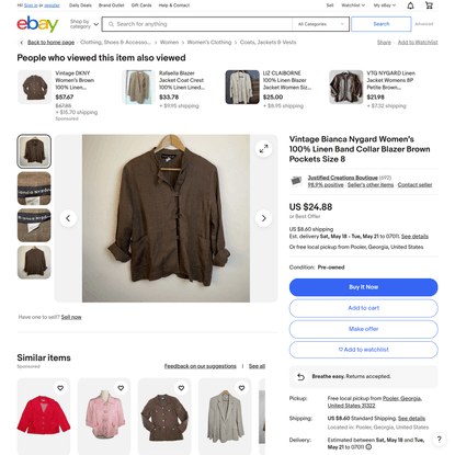 Vintage Bianca Nygard Women’s 100% Linen Band Collar Blazer Brown Pockets Size 8 | eBay