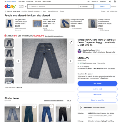 Vintage GAP Jeans Mens 34x30 Blue Denim Carpenter Baggy Loose Made in USA Y2K 34 | eBay