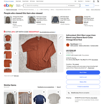Adirondack Shirt Men Large Linen Blend Long Sleeve Band Collar Vintage Brick Red | eBay