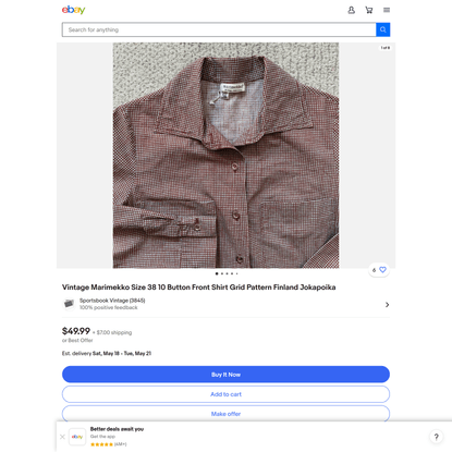 Vintage Marimekko Size 38 10 Button Front Shirt Grid Pattern Finland Jokapoika | eBay