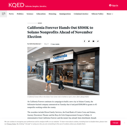 California Forever Hands Out $500K to Solano Nonprofits Ahead of November Election | KQED