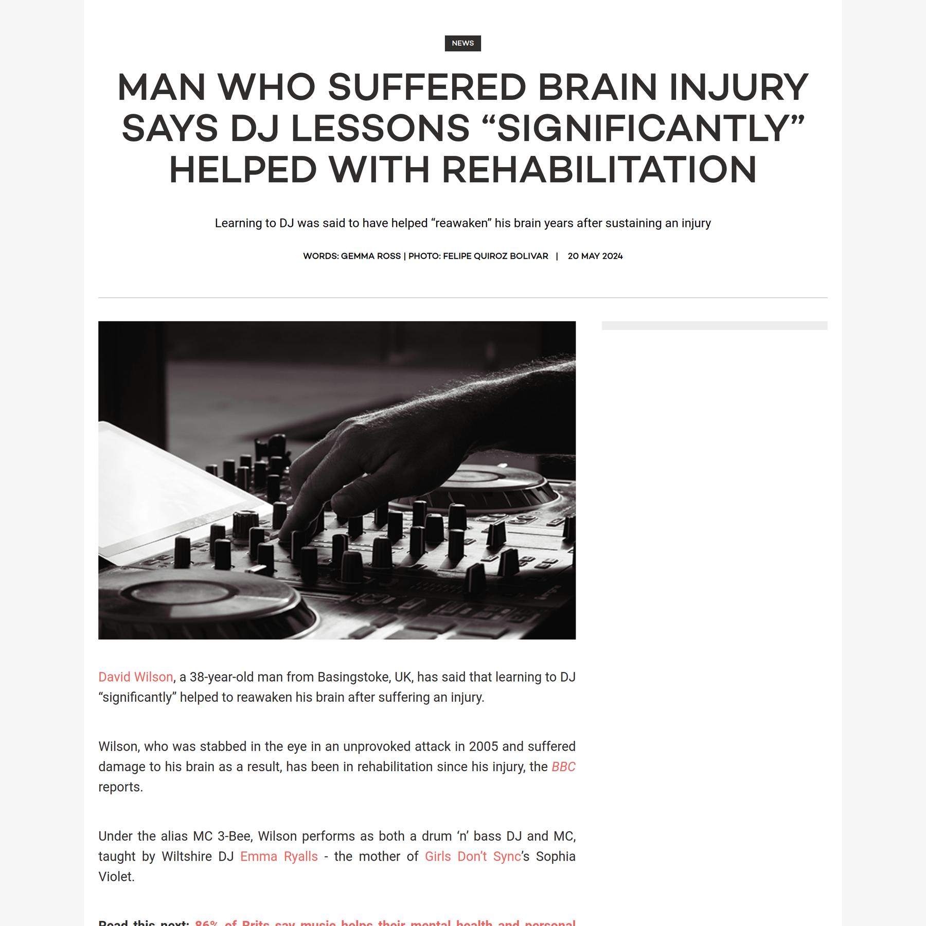 ​Man who suffered brain injury says DJ lessons “significantly” helped with rehabilitation